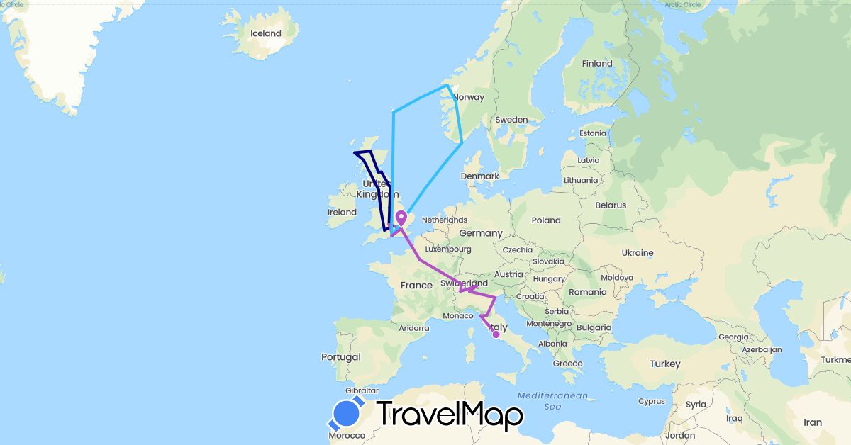 TravelMap itinerary: driving, train, boat in Switzerland, France, United Kingdom, Italy, Norway (Europe)